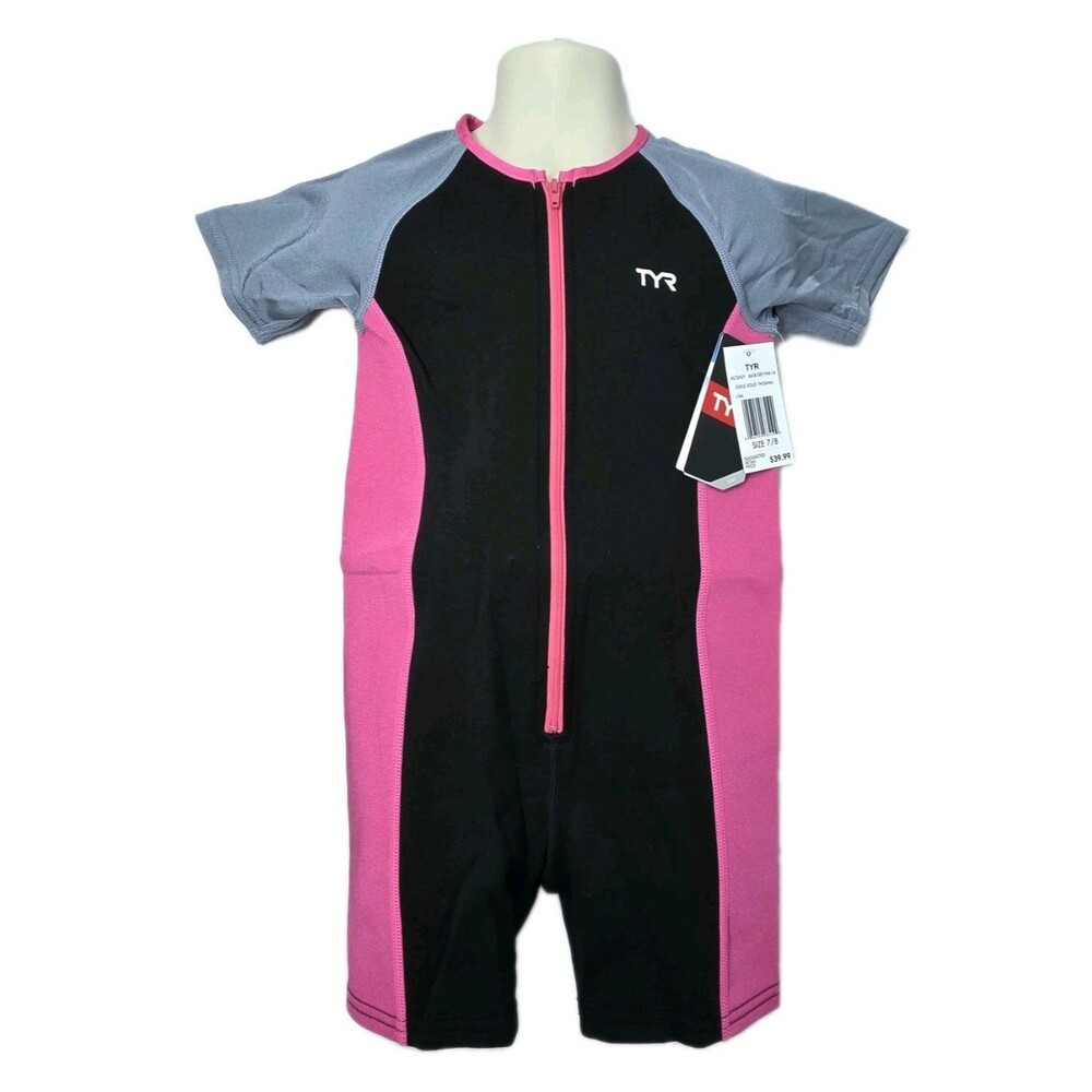 TYR Solid Thermal Neoprene Zip Swim Suit Black Pink Grey KGTSNY2 Girls Size 7/8
